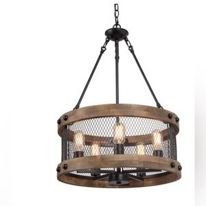 New LNC Rustic Wood and Black Metal Chandelier Pendant Light